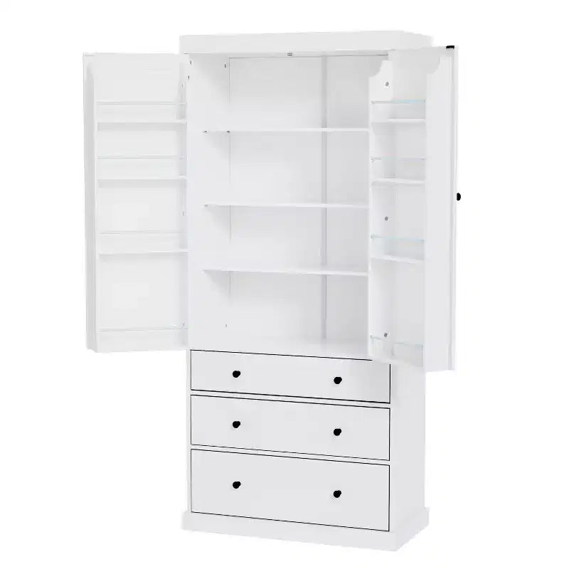 Organizador de despensa de cocina independiente Whisen, gabinete con 3 estantes ajustables, 3 cajones, 8 estantes interiores en las puertas