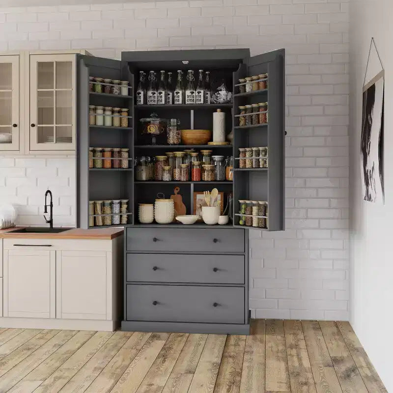 Organizador de despensa de cocina independiente Whisen, gabinete con 3 estantes ajustables, 3 cajones, 8 estantes interiores en las puertas