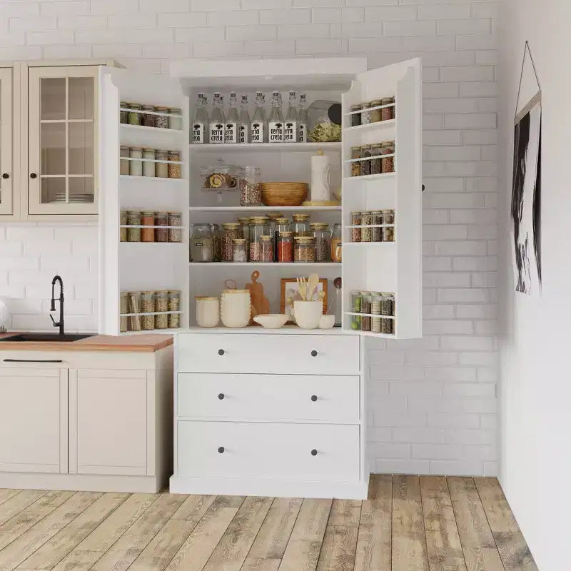 Organizador de despensa de cocina independiente Whisen, gabinete con 3 estantes ajustables, 3 cajones, 8 estantes interiores en las puertas