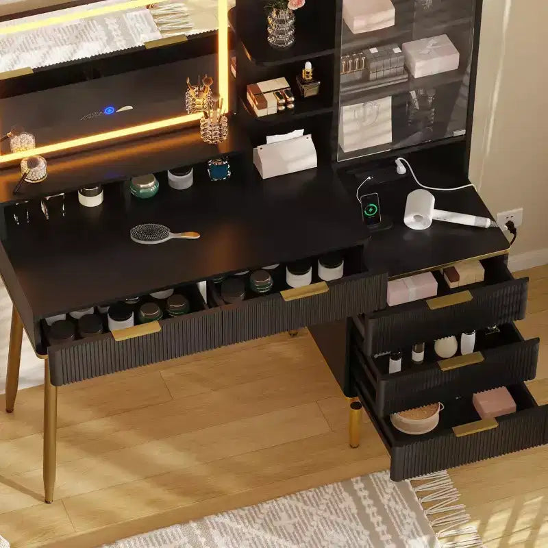 Garvee Tocador de Maquillaje - Mesa de Maquillaje con Luces y Toma de Corriente, Tocador Estriado con Espejo, 5 Cajones