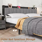 Estructura de cama Whizmax King Size con cabecero tapizado, cama de plataforma industrial King con 2 cajones de almacenamiento y estación de carga, no necesita somier