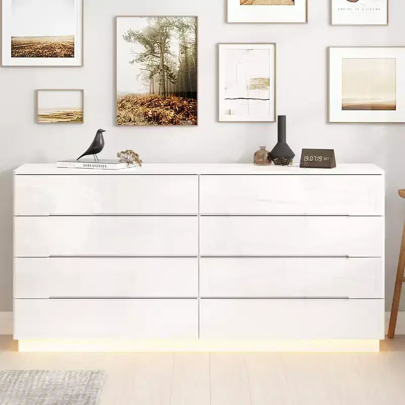 Cómoda Hitow de 8 cajones con luz inferior, acabado de alto brillo, cómoda moderna