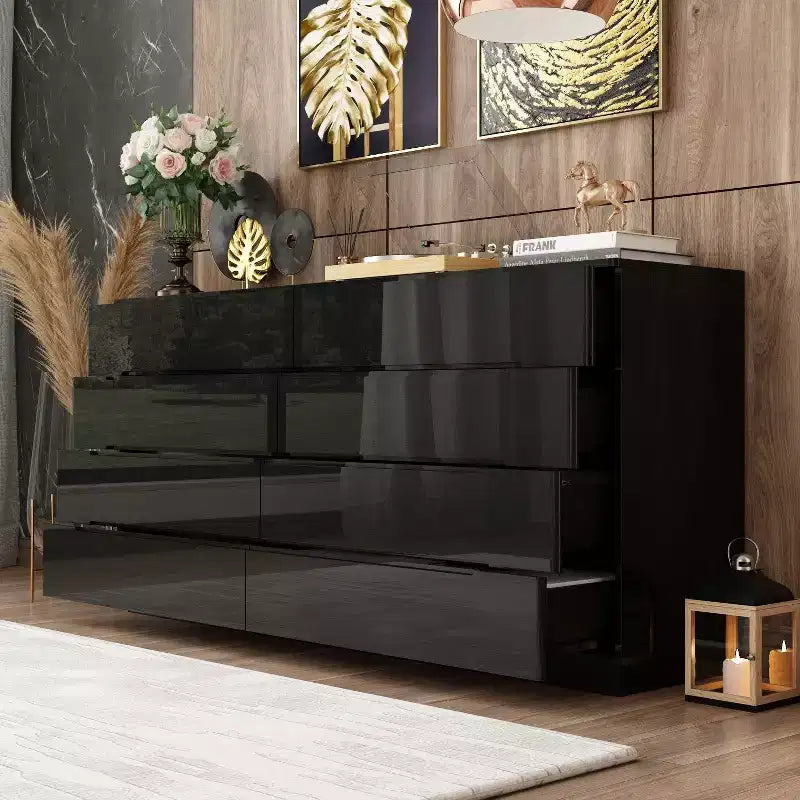 Cómoda Hitow de 8 cajones con luz inferior, acabado de alto brillo, cómoda moderna