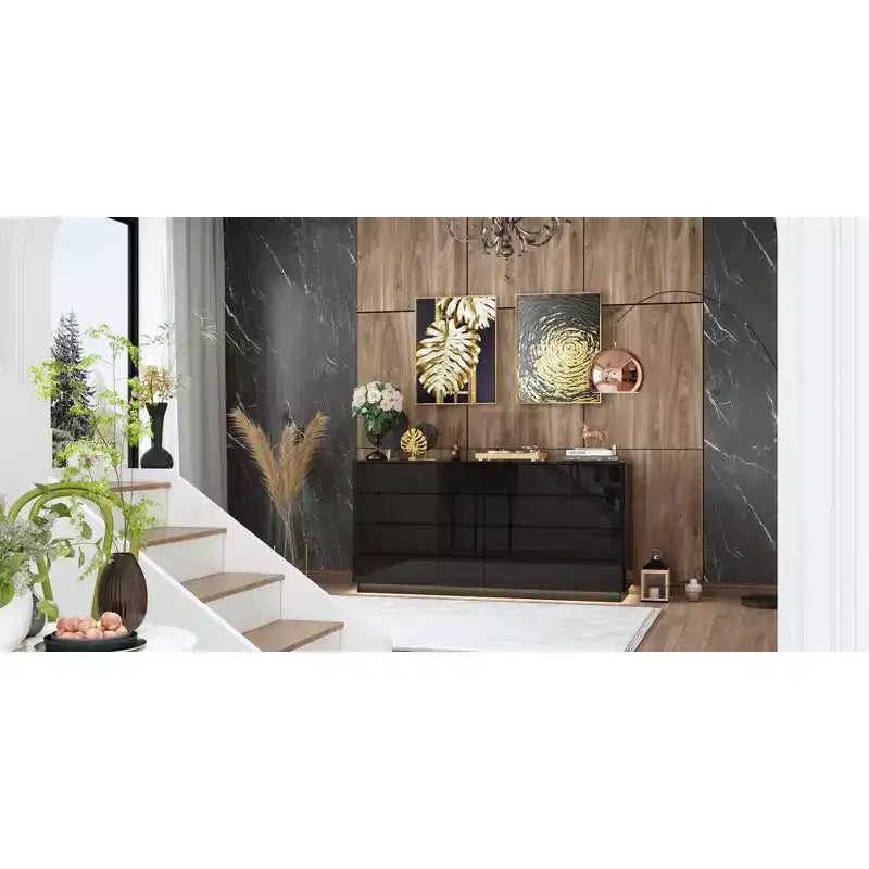 Cómoda Hitow de 8 cajones con luz inferior, acabado de alto brillo, cómoda moderna