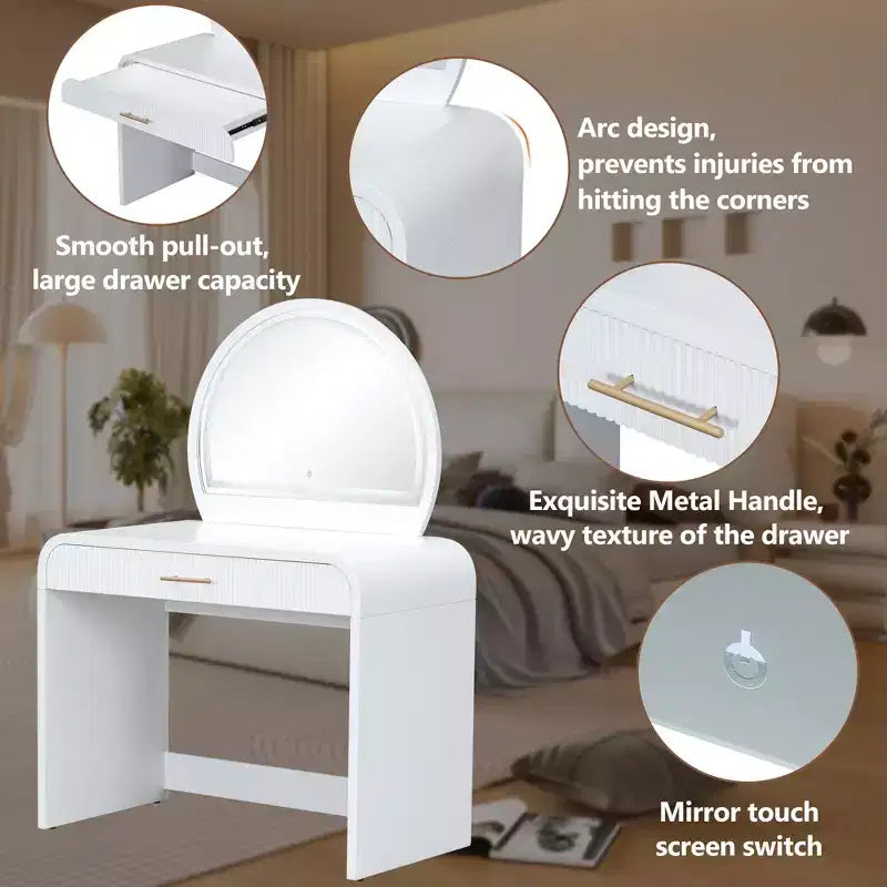 Tocador de 40 W Mesa de maquillaje con espejo iluminado con pantalla táctil y cajón grande, blanco-ModernLuxe