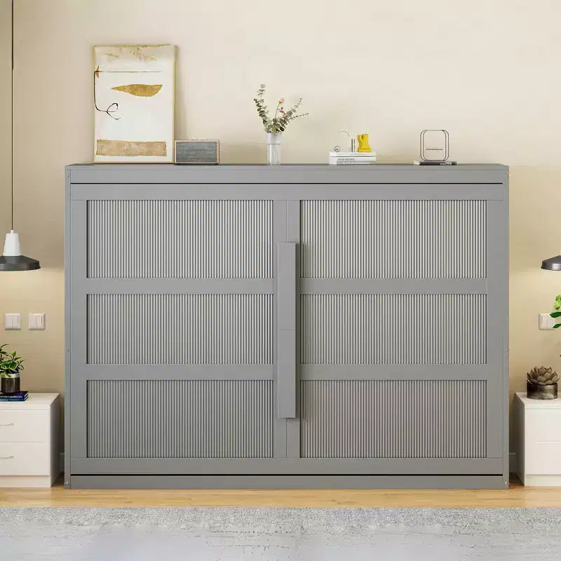 Cama de pared Queen Size Murphy con luces LED, blanco/gris-ModernLuxe