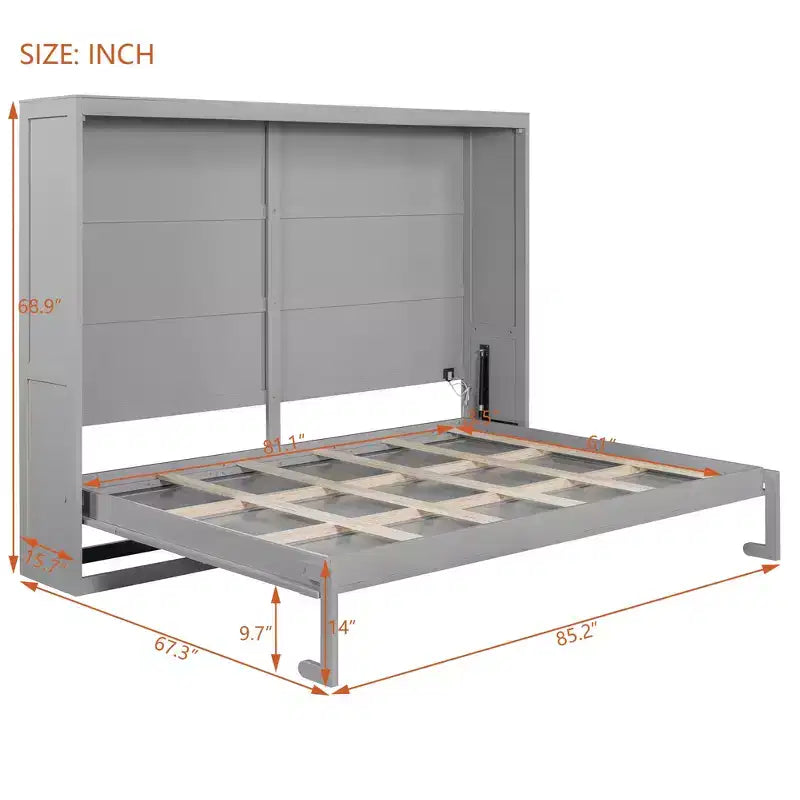 Cama de pared Queen Size Murphy con luces LED, blanco/gris-ModernLuxe
