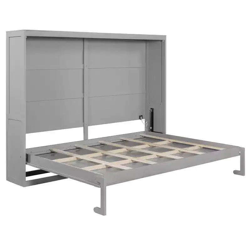 Cama de pared Queen Size Murphy con luces LED, blanco/gris-ModernLuxe