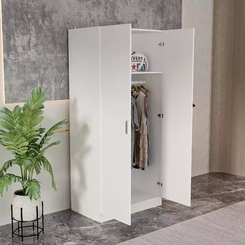 Armario de dos puertas blanco minimalista Famapy con barra para colgar y almacenamiento organizado