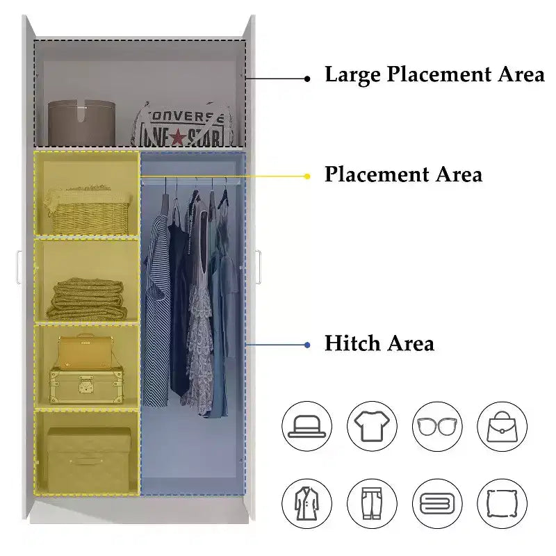 Armario de dos puertas blanco minimalista Famapy con barra para colgar y almacenamiento organizado