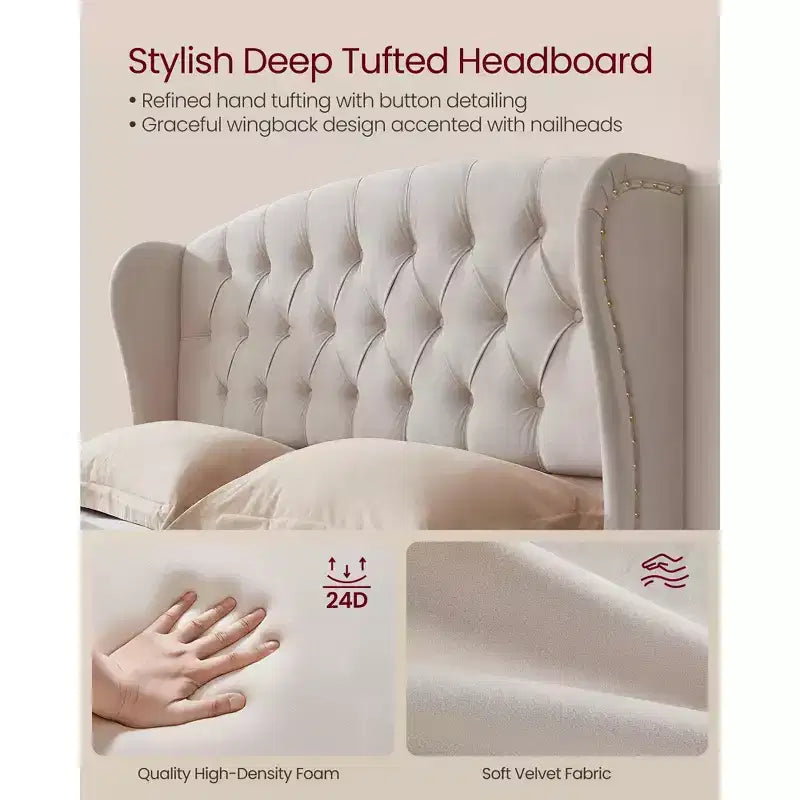 VASAGLE Cama Queen con Cabecero Alto, Base de Cama Tapizada Queen Size, con Cabecero Capitoné con Laterales Color Beige Capuchino