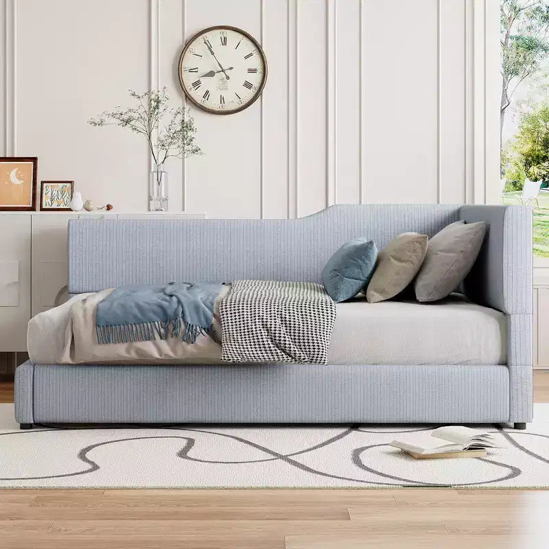 Cama nido tapizada en pana con forma de L, tamaño doble/matrimonial, con dos camas individuales, 4D - ModernLuxe