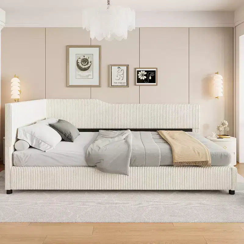 Cama nido tapizada en pana con forma de L, tamaño doble/matrimonial, con dos camas individuales, 4D - ModernLuxe
