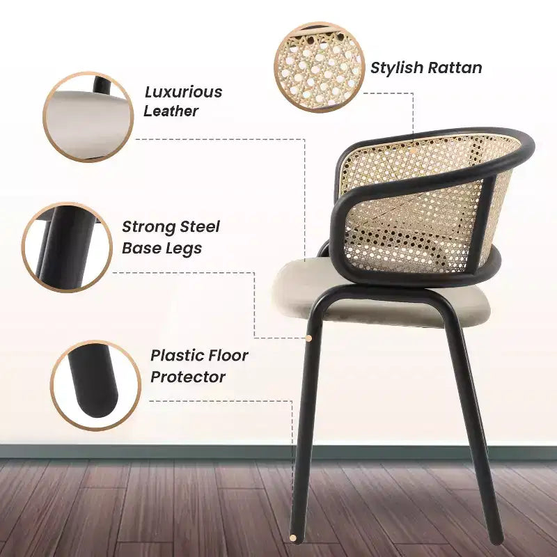 Juego de 4 sillas de comedor LeisureMod Ervilla con respaldo de mimbre y asiento de cuero con estructura de acero negro, cocina moderna de interior, comedor, asientos de mesa