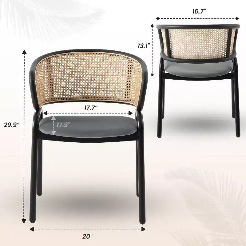 Juego de 4 sillas de comedor LeisureMod Ervilla con respaldo de mimbre y asiento de cuero con estructura de acero negro, cocina moderna de interior, comedor, asientos de mesa