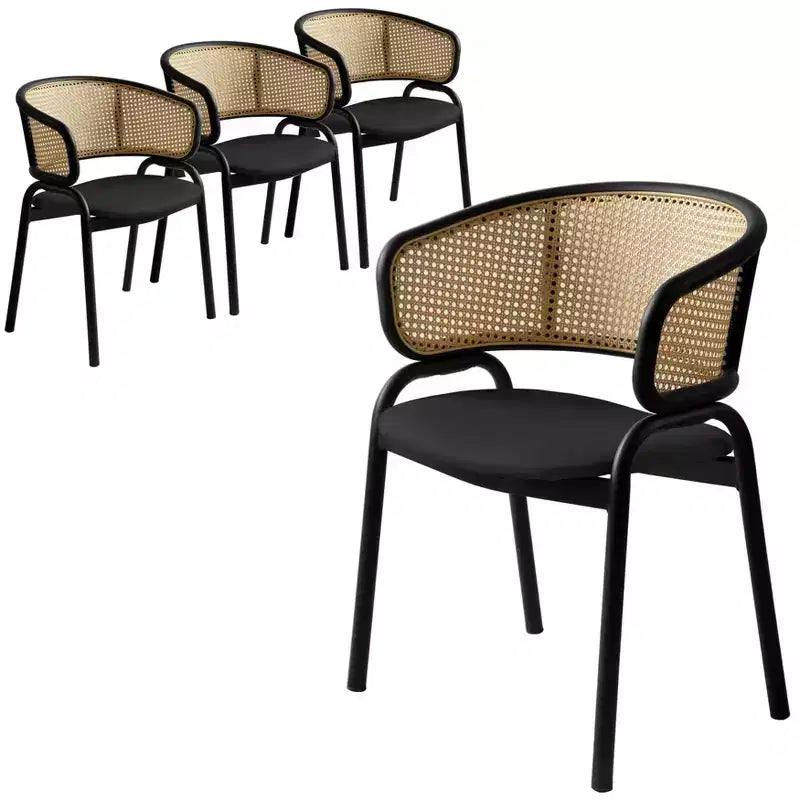 Juego de 4 sillas de comedor LeisureMod Ervilla con respaldo de mimbre y asiento de cuero con estructura de acero negro, cocina moderna de interior, comedor, asientos de mesa