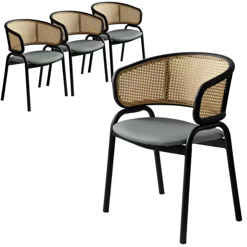 Juego de 4 sillas de comedor LeisureMod Ervilla con respaldo de mimbre y asiento de cuero con estructura de acero negro, cocina moderna de interior, comedor, asientos de mesa