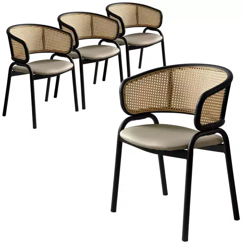 Juego de 4 sillas de comedor LeisureMod Ervilla con respaldo de mimbre y asiento de cuero con estructura de acero negro, cocina moderna de interior, comedor, asientos de mesa