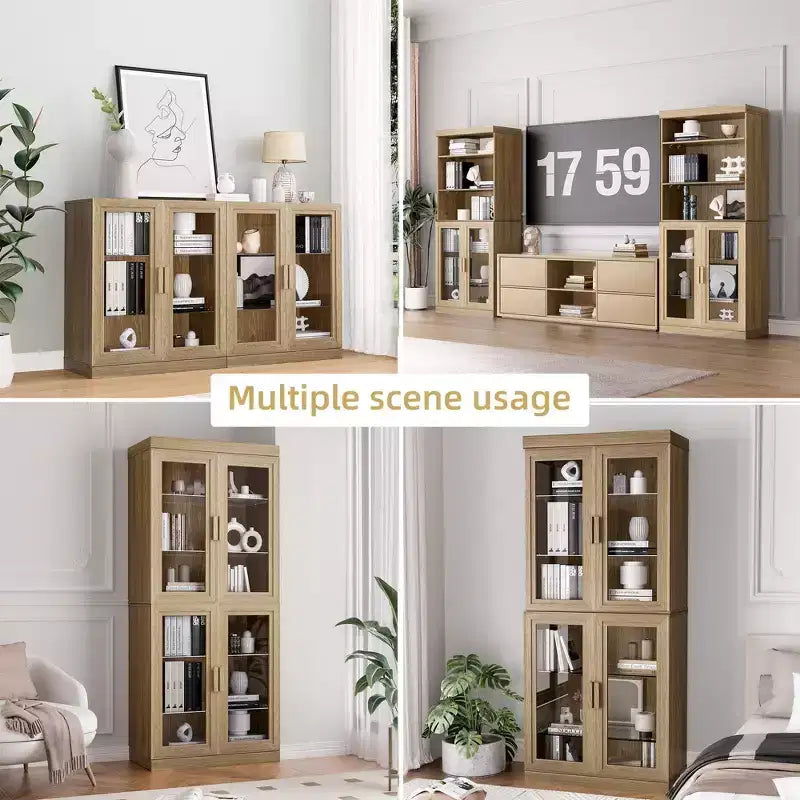 PexFix 36x31x16 Gabinete auxiliar de madera con estante ajustable, armario de almacenamiento natural-puerta de vidrio