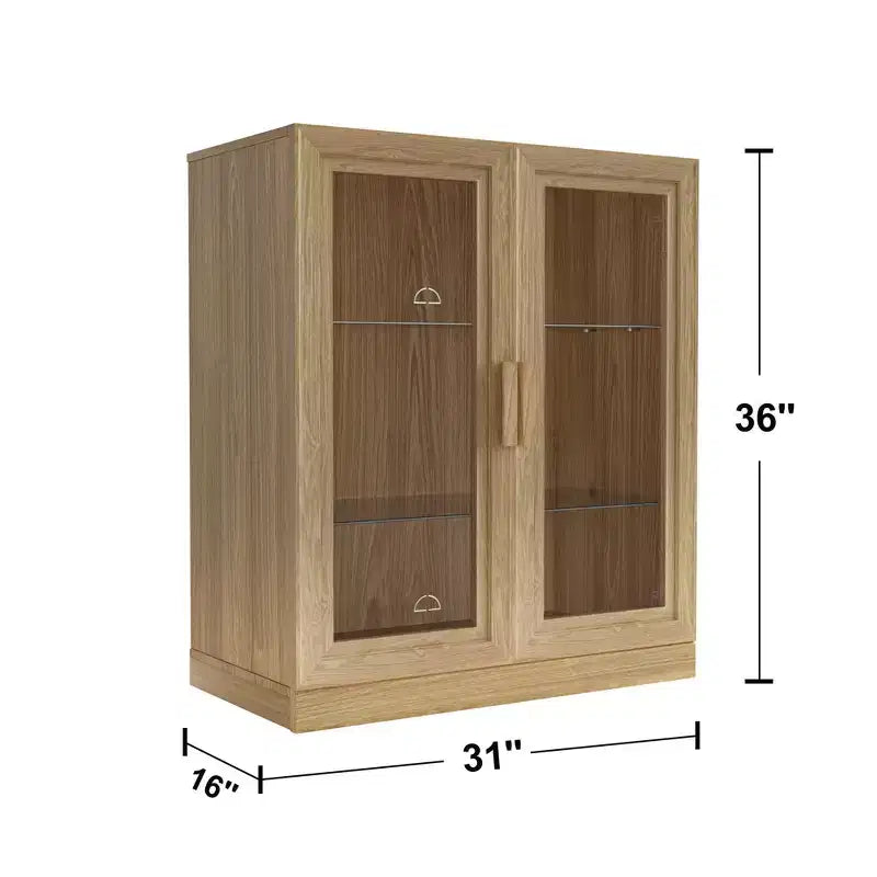 PexFix 36x31x16 Gabinete auxiliar de madera con estante ajustable, armario de almacenamiento natural-puerta de vidrio