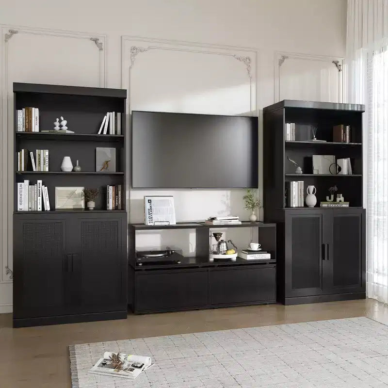 PexFix Gabinete acentuado de madera de ratán de 36x31x16 con estante ajustable Gabinete de almacenamiento Negro