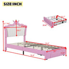 Estructura de cama tapizada de una sola dimensión con luces LED, cama moderna de princesa con cabecero de corona y cajón.