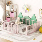 Estructura de cama de metal rosa de tamaño completo con valla y función de puerta