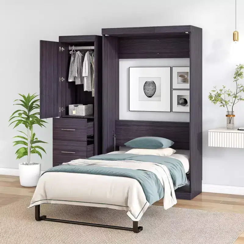 Whisen Wood Murphy Bed with Wardrobe and Drawers