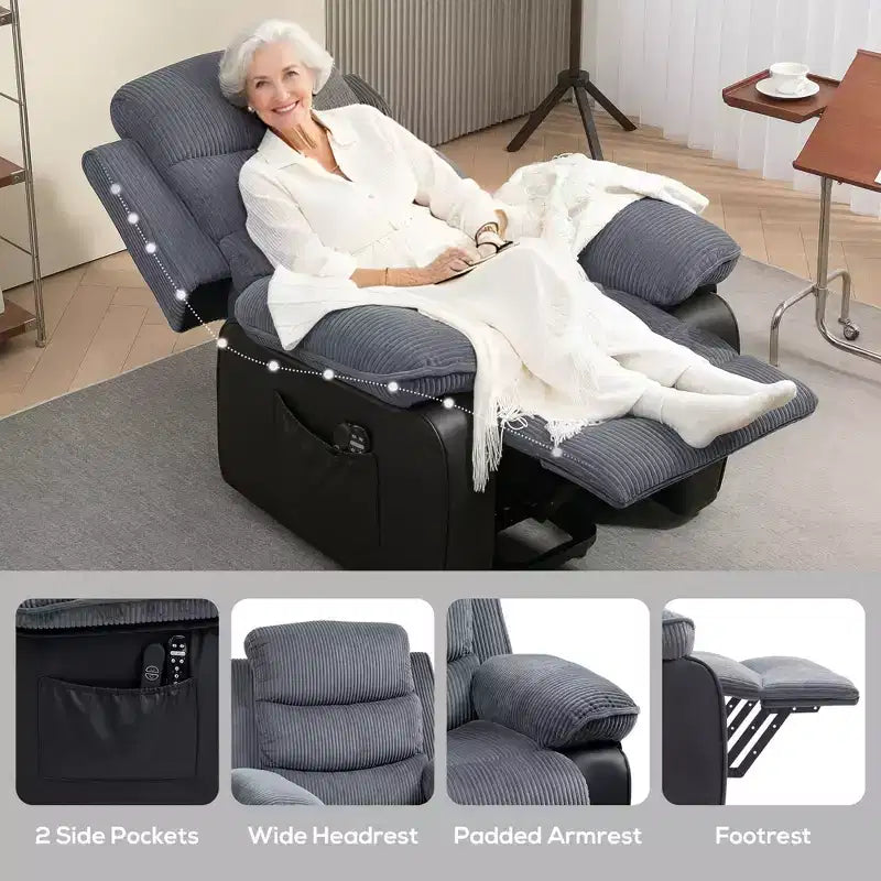 Sillón reclinable eléctrico HOMCOM con función de levantamiento, masaje y calor, con mandos a distancia y bolsillos laterales, gris