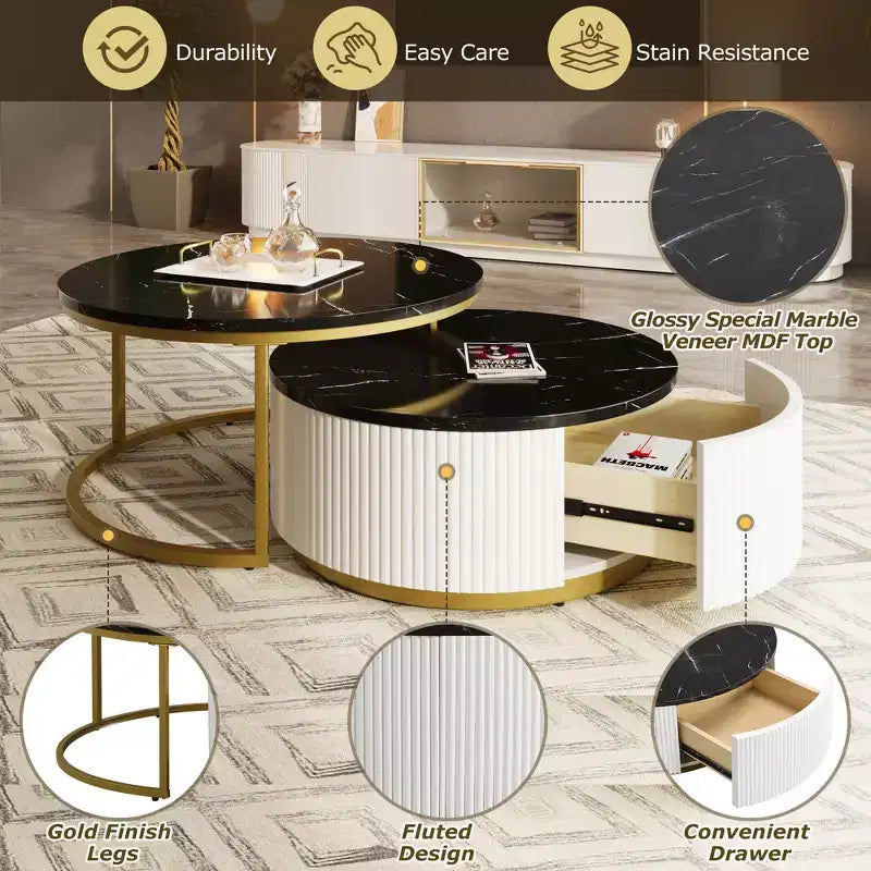 Mesa de Centro Nido Redonda Moderna Acanalada con Cajón de 80 cm