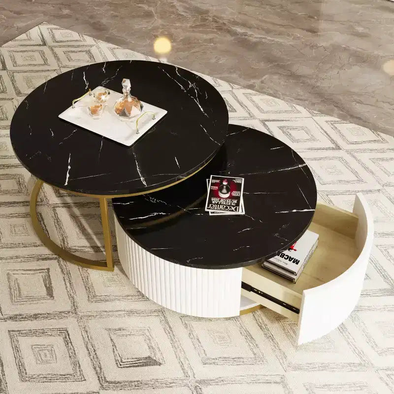 Mesa de Centro Nido Redonda Moderna Acanalada con Cajón de 80 cm