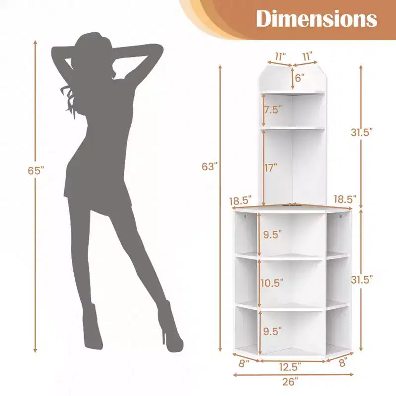 Estantería esquinera de 6 niveles Costway, estantería esquinera de 63 pulgadas de alto con 2 puertos USB y estación de carga, marrón/blanco