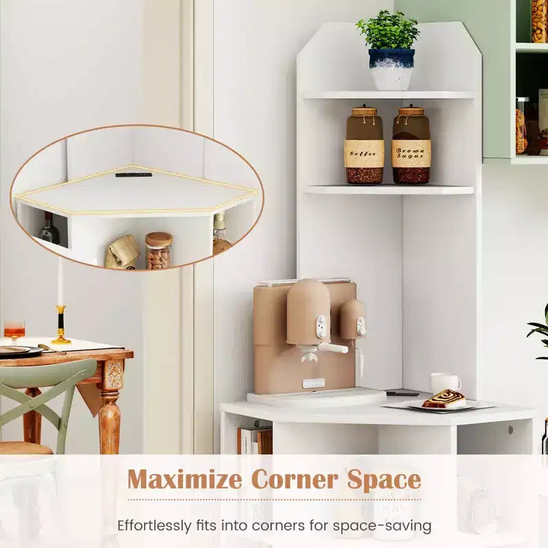 Estantería esquinera de 6 niveles Costway, estantería esquinera de 63 pulgadas de alto con 2 puertos USB y estación de carga, marrón/blanco