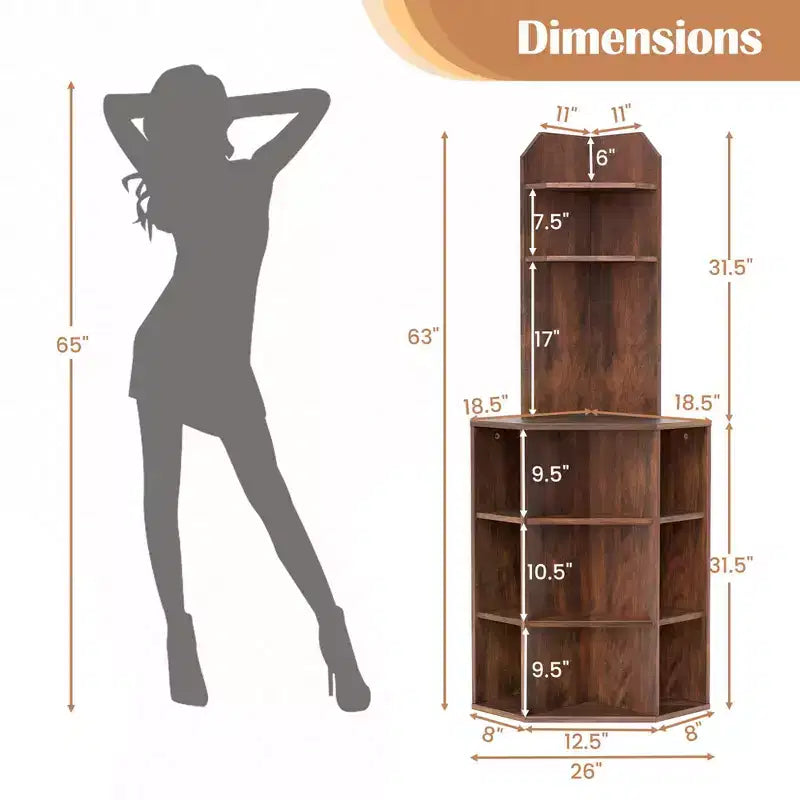Estantería esquinera de 6 niveles Costway, estantería esquinera de 63 pulgadas de alto con 2 puertos USB y estación de carga, marrón/blanco