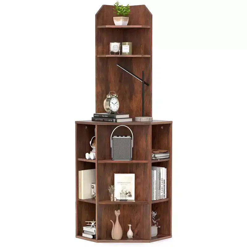 Costway 6-Tier Corner Shelf 63 Tall Corner Bookshelf with 2 USB Ports & Charging Station Brown/White