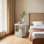 Mesita de noche moderna con cesta de tela, mesa auxiliar cuadrada para cama, mesa de centro, mesa auxiliar para sala de estar, dormitorio, blanco mate y marrón camello