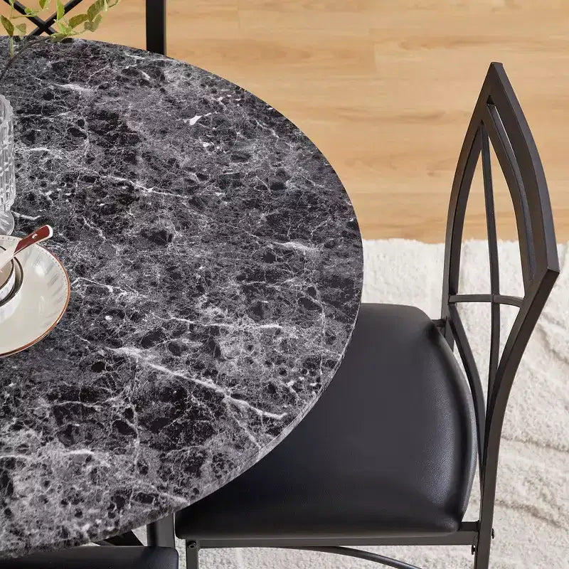 VECELO Mesa de comedor redonda de 36 pulgadas para 4, cubierta de mesa de bar de imitación mármol con patas de metal para cocina, espacios pequeños