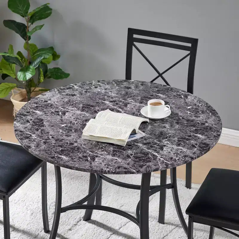 VECELO Mesa de comedor redonda de 36 pulgadas para 4, cubierta de mesa de bar de imitación mármol con patas de metal para cocina, espacios pequeños