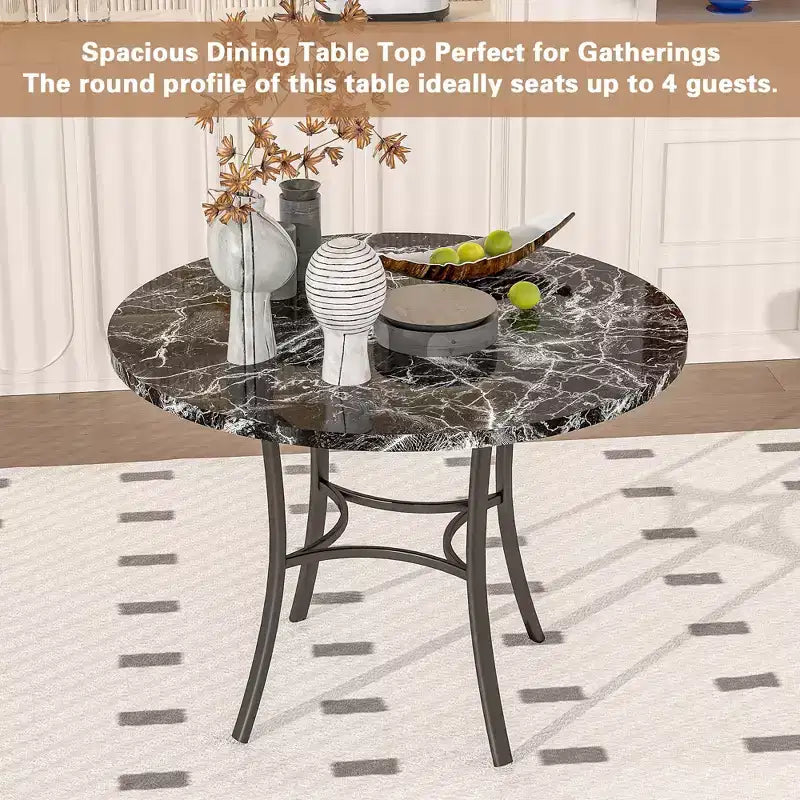 VECELO Mesa de comedor redonda de 36 pulgadas para 4, cubierta de mesa de bar de imitación mármol con patas de metal para cocina, espacios pequeños