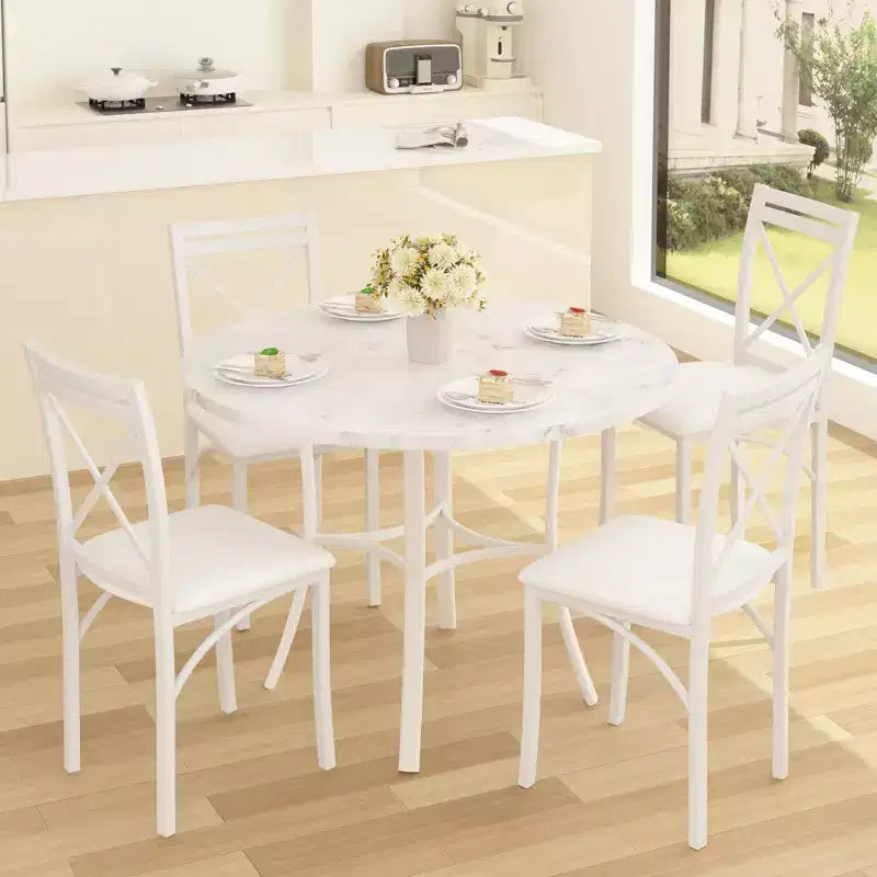 VECELO Mesa de comedor redonda de 36 pulgadas para 4, cubierta de mesa de bar de imitación mármol con patas de metal para cocina, espacios pequeños