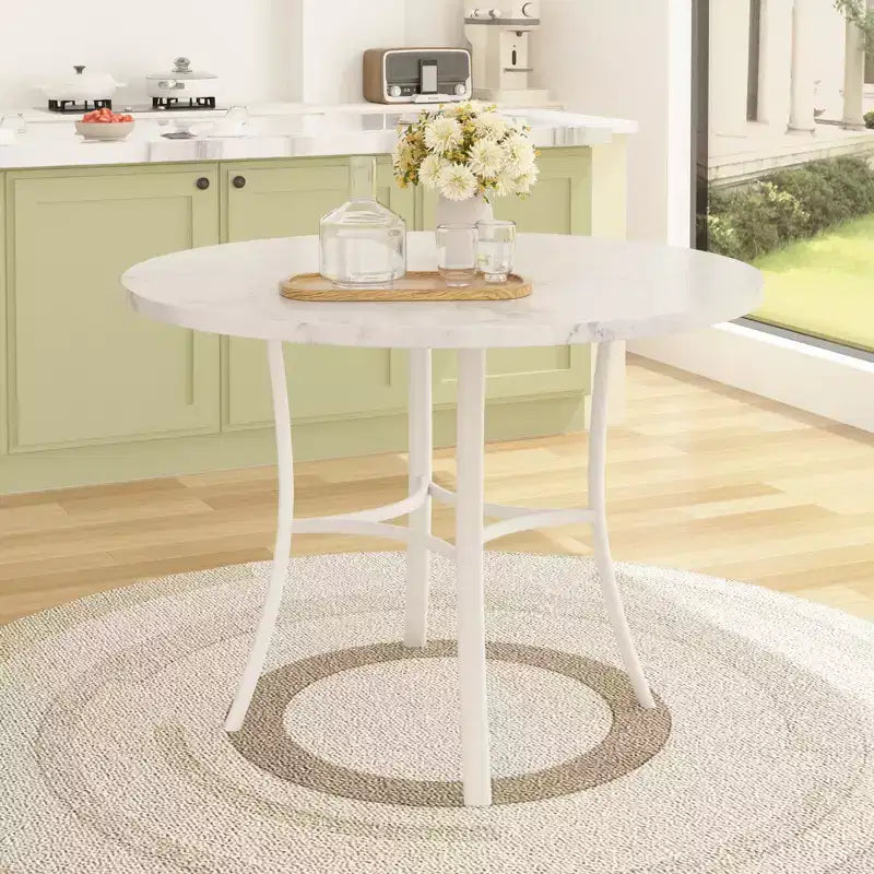 VECELO Mesa de comedor redonda de 36 pulgadas para 4, cubierta de mesa de bar de imitación mármol con patas de metal para cocina, espacios pequeños