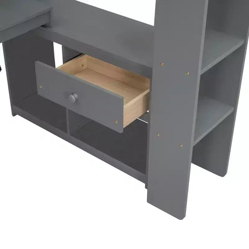 Cama alta de madera para juegos Whisen de 221,2 cm (largo) x 125,5 cm (ancho) con escritorio, estantes de almacenamiento múltiple, luces LED y estación de carga