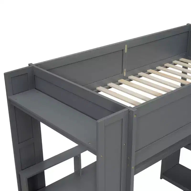 Cama alta de madera para juegos Whisen de 221,2 cm (largo) x 125,5 cm (ancho) con escritorio, estantes de almacenamiento múltiple, luces LED y estación de carga