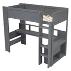 Cama alta de madera para juegos Whisen de 221,2 cm (largo) x 125,5 cm (ancho) con escritorio, estantes de almacenamiento múltiple, luces LED y estación de carga