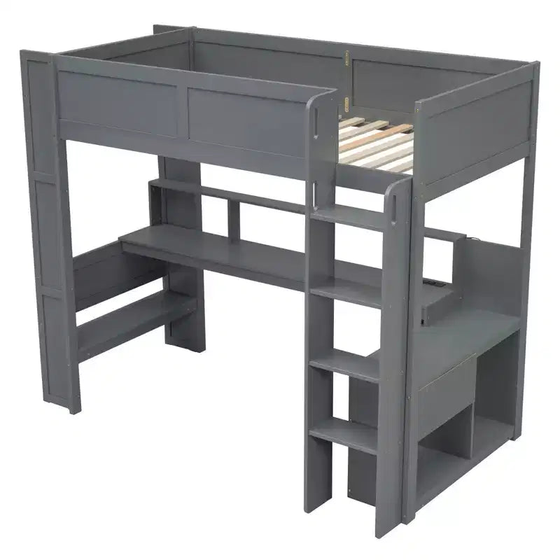 Cama alta de madera para juegos Whisen de 221,2 cm (largo) x 125,5 cm (ancho) con escritorio, estantes de almacenamiento múltiple, luces LED y estación de carga