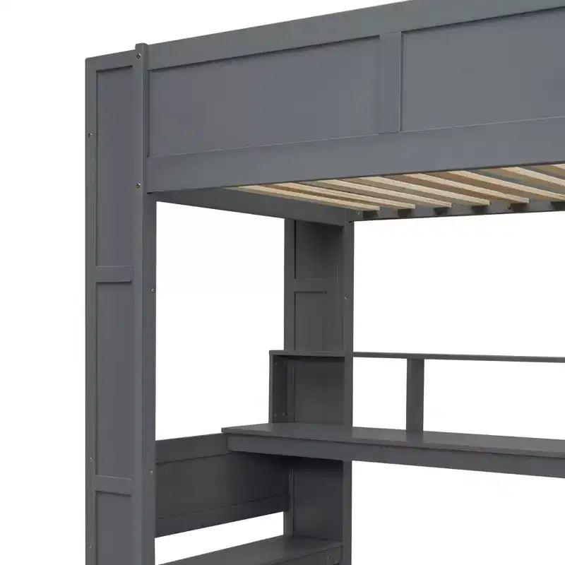 Cama alta de madera para juegos Whisen de 221,2 cm (largo) x 125,5 cm (ancho) con escritorio, estantes de almacenamiento múltiple, luces LED y estación de carga
