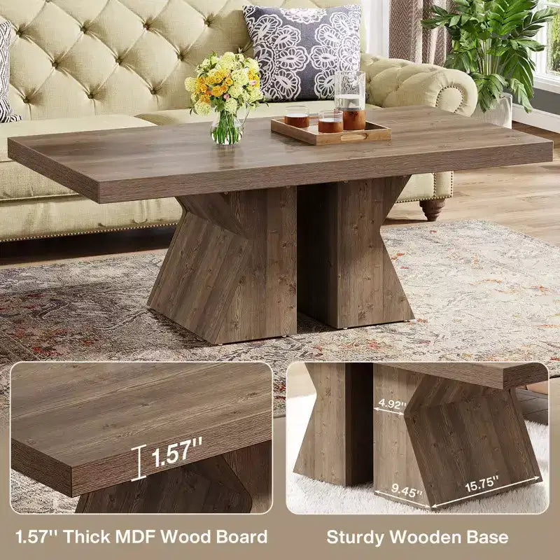 Mesa de centro Lantine Wood, mesa de centro rectangular de 47.24 pulgadas con base de madera gruesa, mesa de café estilo rústico con aspecto de madera para sala de estar