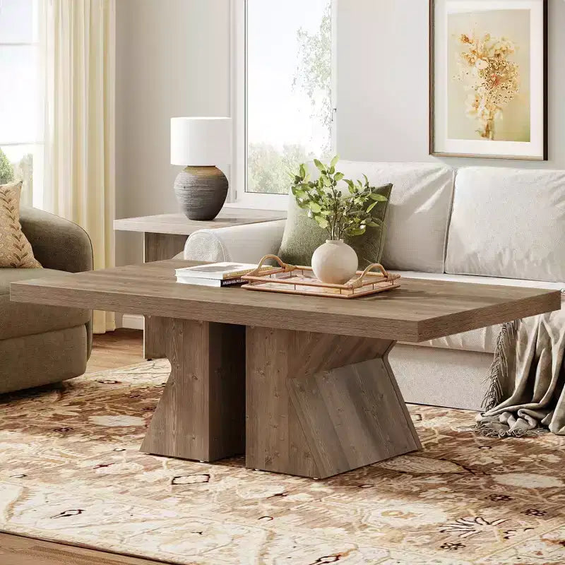 Mesa de centro Lantine Wood, mesa de centro rectangular de 47.24 pulgadas con base de madera gruesa, mesa de café estilo rústico con aspecto de madera para sala de estar