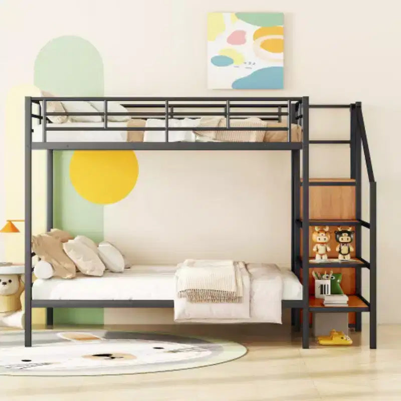 Full Over Full Metal Bunk Bed with Lateral Storage Ladder and Wardrobe, Black
