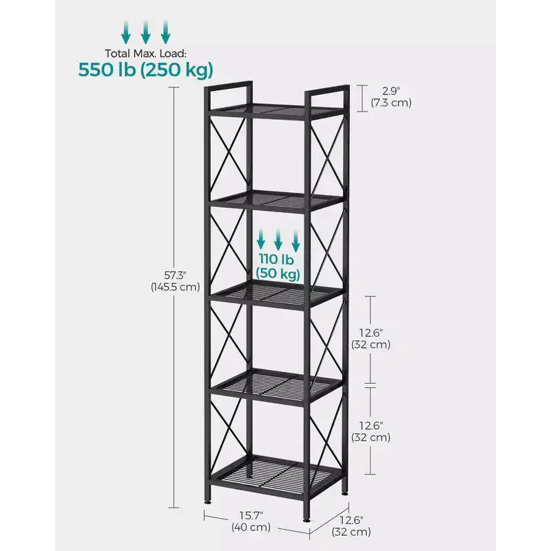 SONGMICS Estantería metálica de 5 niveles, unidad de almacenamiento con marcos laterales en X, malla densa, 32 x 40 x 145,5 cm, negro tinta
